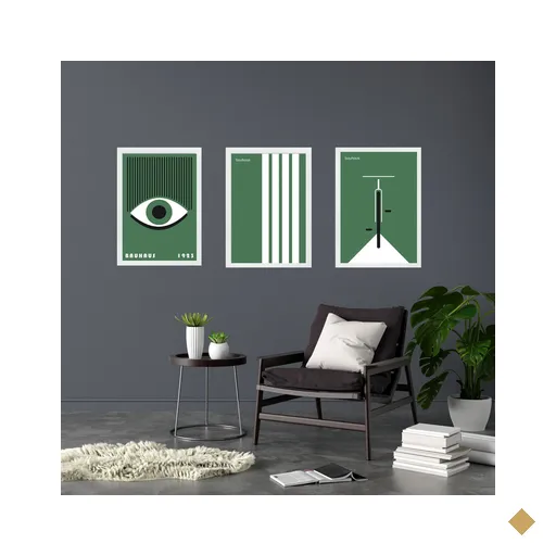 Kit 3 Quadros Artes Bauhaus Verde e Branco 33x24cm:moldura Branca