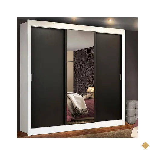 Guarda Roupa Casal Madesa Mônaco 3 Portas de Correr com Espelho - Branco/Preto