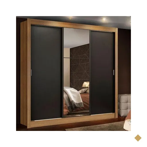 Guarda Roupa Casal Madesa Mônaco 3 Portas de Correr com Espelho - Rustico/Preto