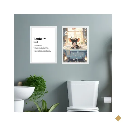 Kit 2 Quadros Decorar Banheiro - Boizinho 33x24cm - com Vidro:moldura Branca
