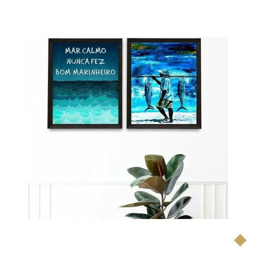 Kit 2 Quadros Praia Pescador Marinheiro 24x18cm - com Vidro:madeira Branca