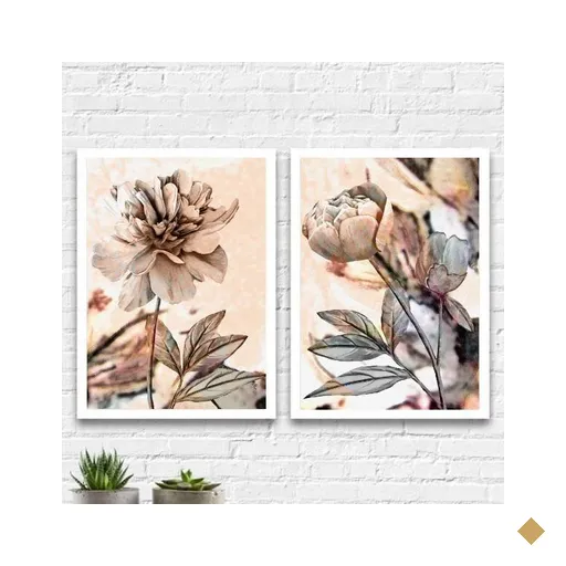 kit 2 Quadros Florais Modernos 24x18cm - com vidro:Madeira branca