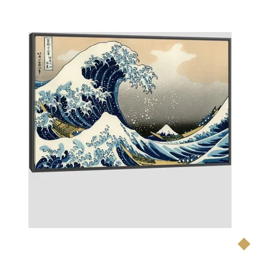 Quadro Oriental A Grande Onda De Kanagawa Tela Moldura Preta 63X42Cm
