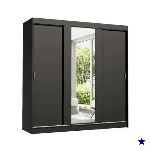 Guarda-Roupa Casal Madesa Reno 3 Portas de Correr com Espelho - Preto