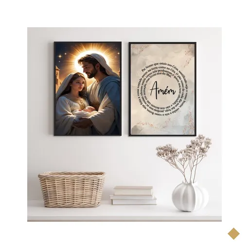Kit 2 Quadros Sagrada Família - Pai Nosso 24x18cm - com Vidro:madeira Preta