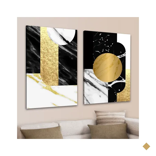 Conjunto Quadros Decorativos Sala Geométricos Dourado em Tecido Canvas