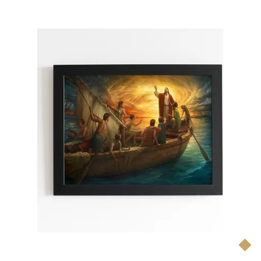 Jesus Cristo Barco Religioso Quadro Moldura Preta 60x40cm