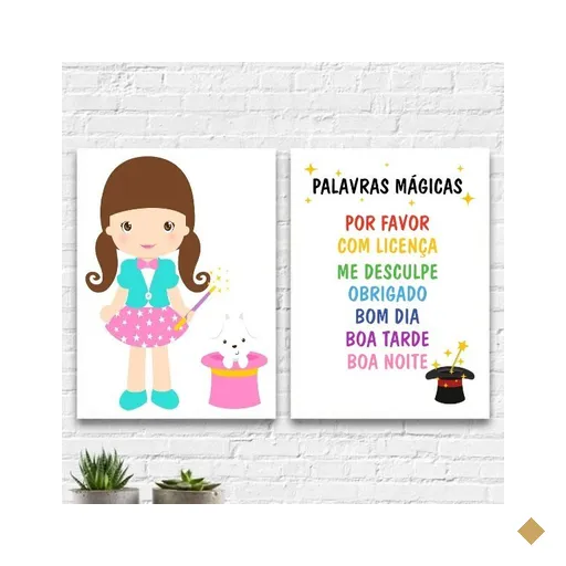 Kit 2 Quadros Infantis Palavras Mágicas 45x34cm:Madeira branca