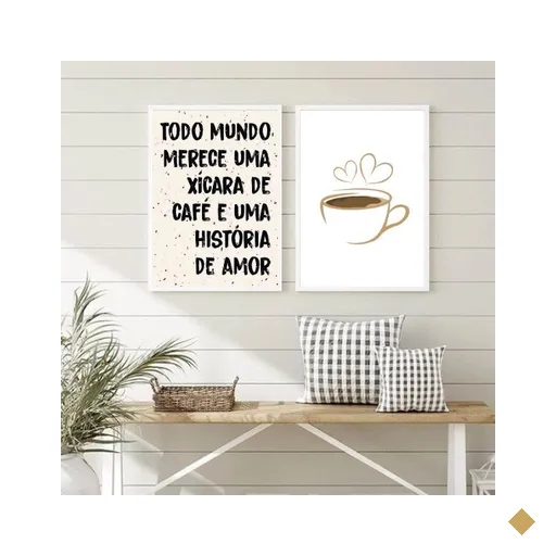 Kit 2 Quadros Café e História De amor 45x34cm - com Vidro:madeira Branca