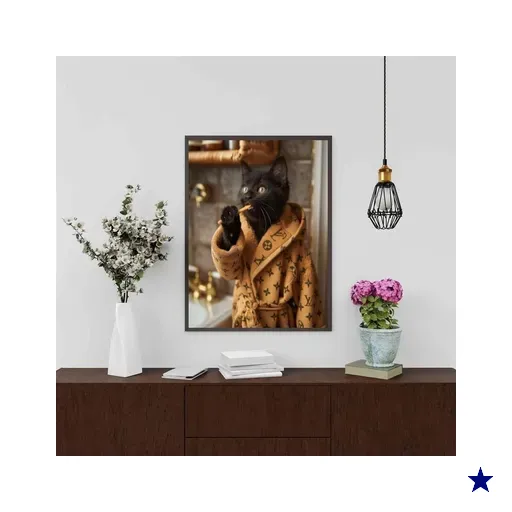 Quadro Divertido Banheiro Gato Rico 45x34cm:moldura Preta