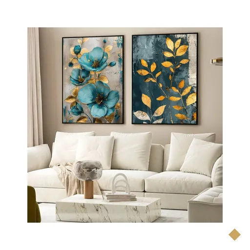 Kit Quadro Decorativo 2 Telas Azul e Dourado Tacolado Moldura Trad 1cm Branca…