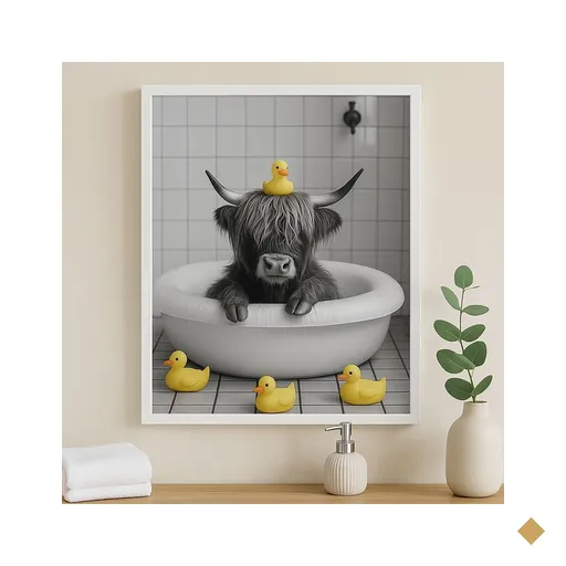 Quadro Divertido Banheiro Boi com Patinhos 24x18cm - com Vidro:moldura Branca