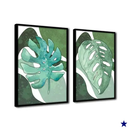 Quadro Premium Textura Cx Alta Folha Sob Verde 3 2un 40x60 Titulos Moldura Preta