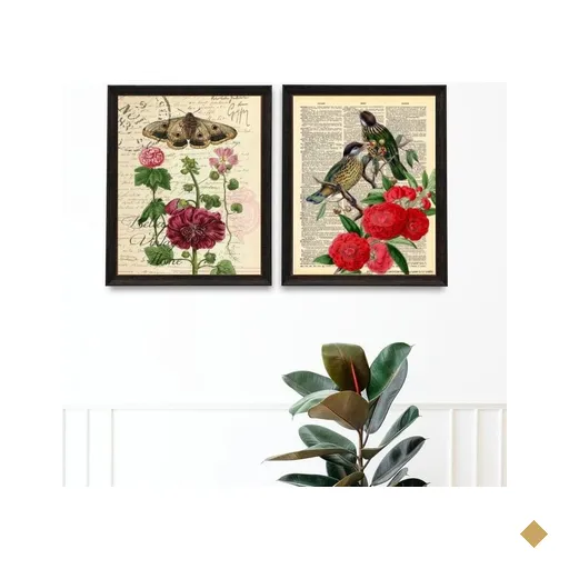 Kit 2 Quadros para Varanda Pássaro Borboletas e Flores 33x24cm:madeira Branca