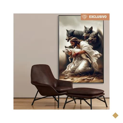 Quadro Decorativo Jesus Protegendo o Cordeiro Dos Lobos Sala Quarto Casa…