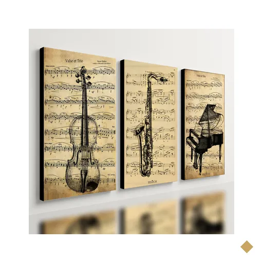 Kit 3 Quadro Decorativo Musica Clássica Retro Piano Violino 28x20cm
