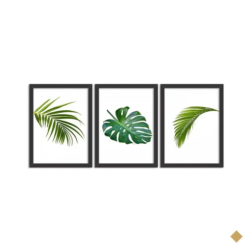 Kit 3 Quadros Decorativos Folhas Preto - Grande