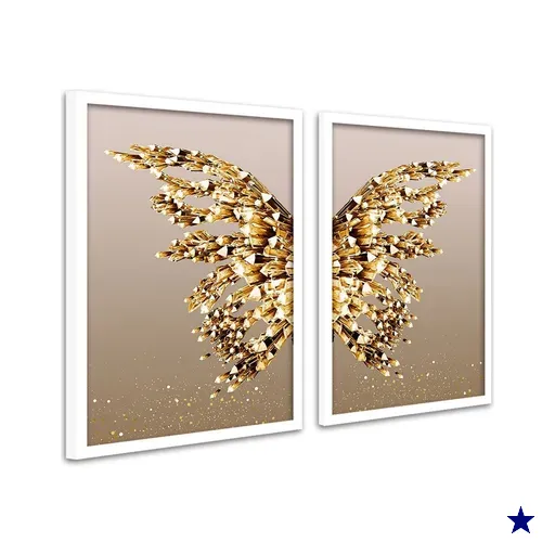 Dupla Quadros Sala Quarto Borboleta Dourada Diamante Moldura:Branca
