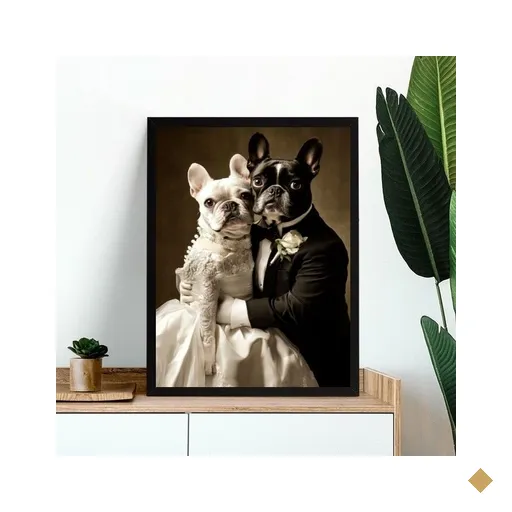 Quadro Casamento Bulldog Francês 45x34cm:moldura Branca