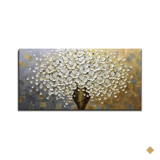 Quadro Pintura Tela flor vaso marrom branca 5541: 80cm (A) x 160	cm (L)