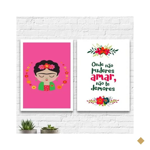 Kit 2 Quadros Frida Não Te Demores 24x18cm:Madeira branca