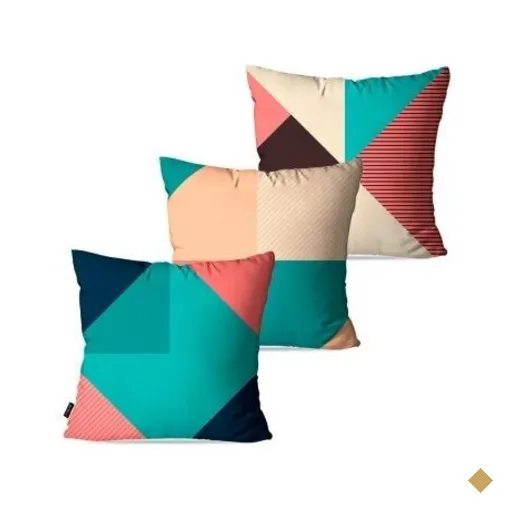 Kit com 3 Almofadas Decorativas Turquesa Retalhos Geométrico 60x60cm