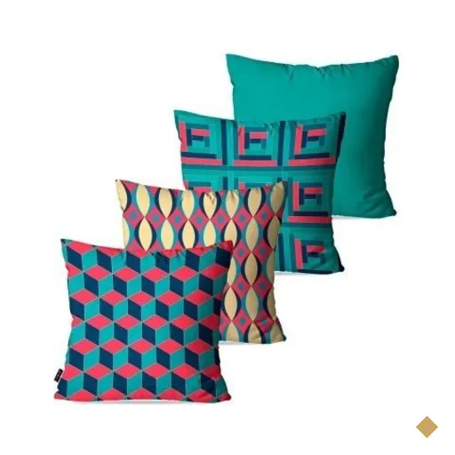 Kit com 4 Almofadas Decorativas Turquesa Geométrico 60x60cm