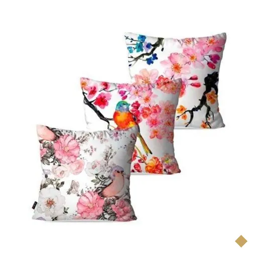 Kit com 3 Almofadas Decorativas Branco Pássaros Cerejeira 45x45cm