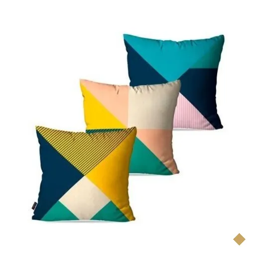 Kit com 3 Almofadas Decorativas Azul Retalhos Geométrico 60x60cm