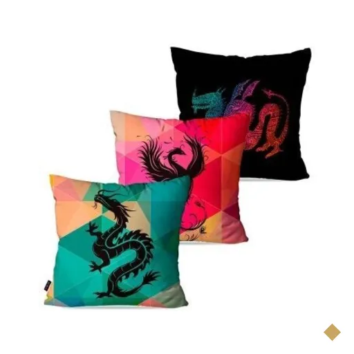 Kit com 3 Almofadas Decorativas Colors Dragão Chinês 60x60cm