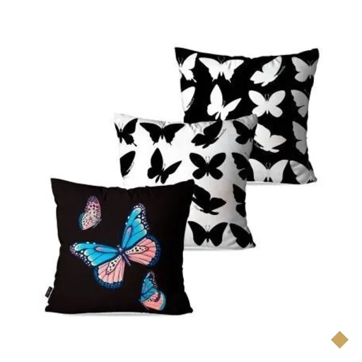 Kit com 3 Almofadas Decorativas Preto Borboletas 60x60cm
