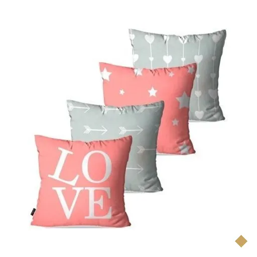 Kit com 4 Almofadas Decorativas Rosa Love 60x60cm
