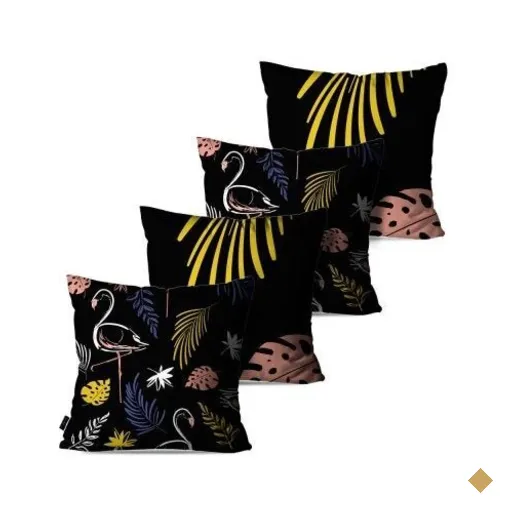 Kit com 4 Almofadas Decorativas Preto Tropical Flamingos e Folhas 45x45cm