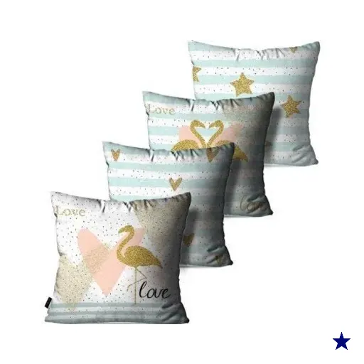 Kit com 4 Almofadas Decorativas Branco Casal de Flamingos Love 45x45cm