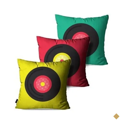 Kit com 3 Almofadas Decorativas Colorido Música Disco Vinil Retrô 45x45cm