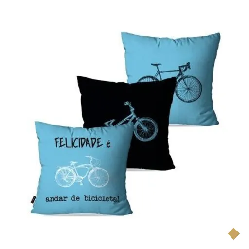 Kit com 3 Almofadas Decorativas Azul Bicicleta Felicidade 45x45cm
