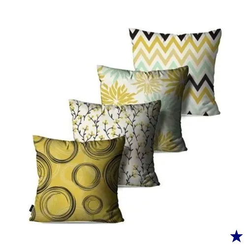 Kit com 4 Almofadas Decorativas Branco/Ocre Flores Abstrato 60x60cm