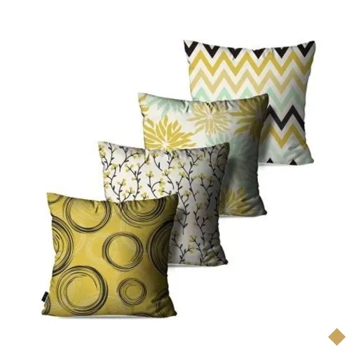 Kit com 4 Almofadas Decorativas Branco/Ocre Flores Abstrato 45x45cm