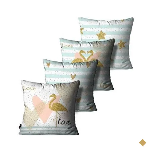 Kit com 4 Almofadas Decorativas Branco Casal de Flamingos Love 60x60cm