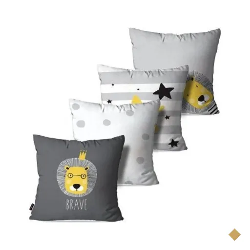 Kit com 4 Almofadas Decorativas Infantil Cinza Leão Brave 60x60cm