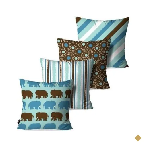 Kit com 4 Almofadas Decorativas Infantil Azul Elefante Vintage 60x60cm