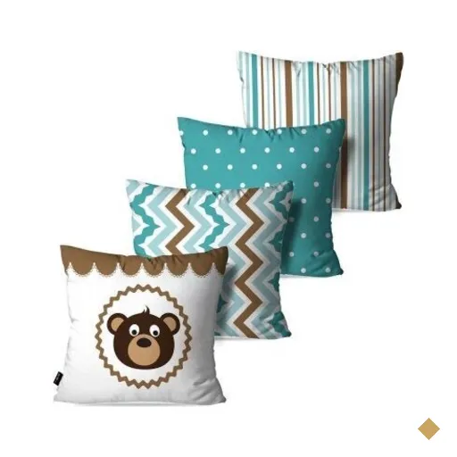 Kit com 4 Almofadas Decorativas Infantil Turquesa Urso 45x45cm
