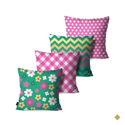 Kit com 4 Almofadas Decorativas Rosa Flores Poá Chevron 45x45cm