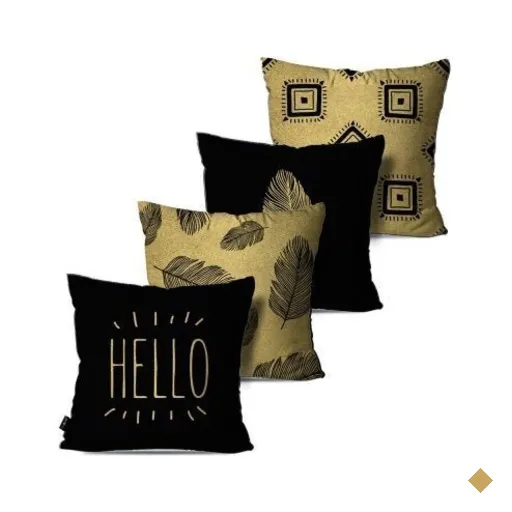 Kit com 4 Almofadas Decorativas Preto/Dourado Hello Penas 45x45cm