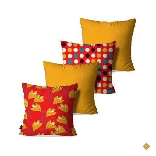 Kit com 4 Almofadas Decorativas Amarelo Ocre Flores Poá 60x60cm