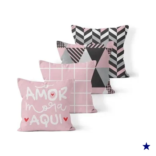Kit 4 Almofadas Decorativas Own Geométricas O Amor Mora Aqui Rosa - 45x45 cm