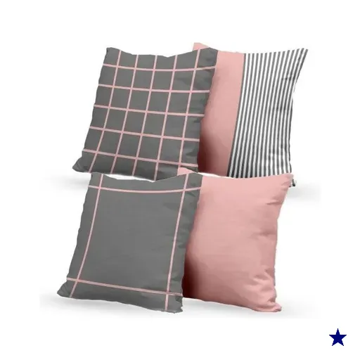 Kit 4 Almofadas Decorativas Own Quadriculada e Listras Rosa e Cinza - 45x45 cm