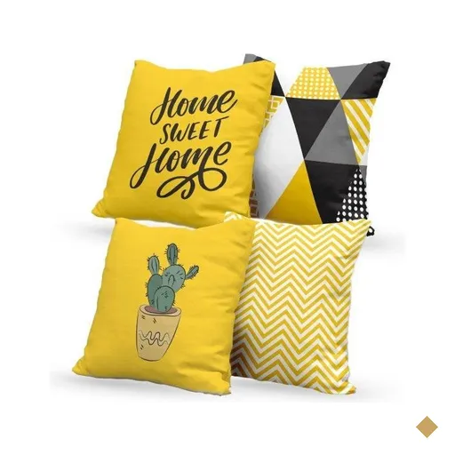 Kit 4 Almofadas Decorativas Own Amarelo Home Sweet Home e Cacto - 45x45 cm