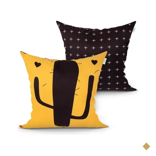 Almofada Decorativa Preta E Amarela Cacto Estampada 45cm