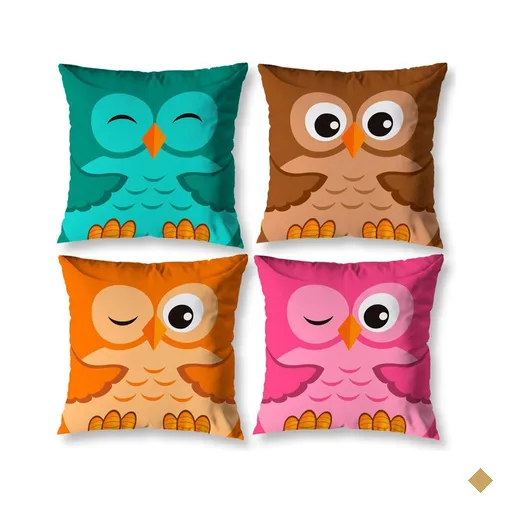 Kit 4 Capas De Almofada 40Cm X 40Cm Coruja Zíper Invisível